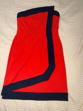 C. Luce Strapless Red Dress with Navy Trim